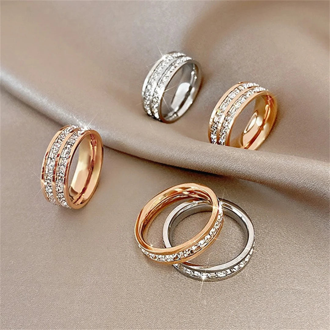 Luxury Rose Gold Double Rowed Square Zircon Stainless Steel Ring - Pantelitsa Beauty and Jewellery one stop shop
