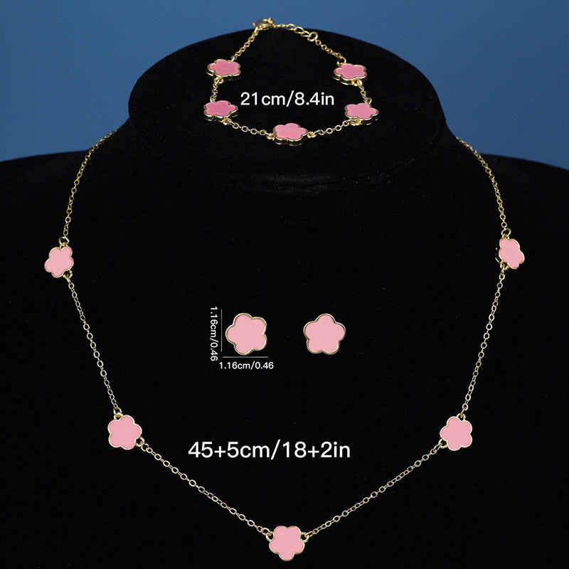 Lucky Five Petal Flower Ear Stud Necklace Bracelet Three-piece Set