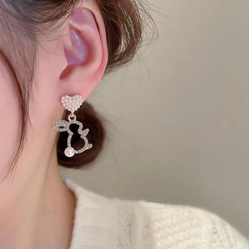 Pearl Bunny Earrings For Women Silver Pin Earrings